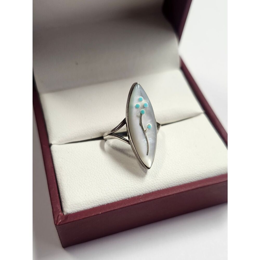 Sunburst Sterling Silver Marquise Mother-of-Pearl Ring w/ Turquoise Accents 6.5